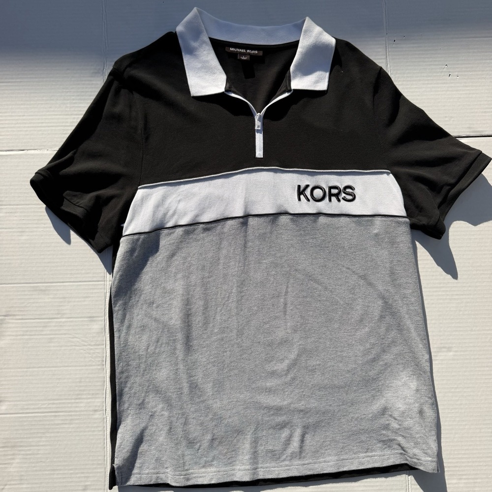 Michael Kors Polo 1/4 Zip Color Block Black Gray Shortsleeve Collared Mens Large - Picture 2 of 5